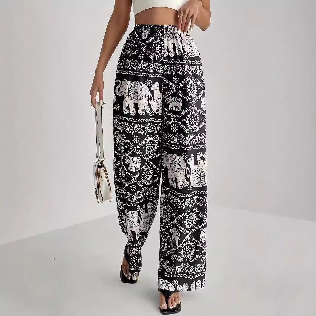 Women's Printed High Elastic Waist Loose Wide-leg Pants