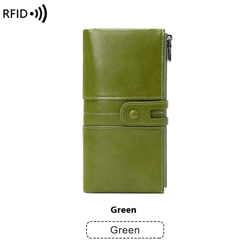 Oil Wax Leather Double Zipper Long European And American New Retro Anti-theft Swiping Women's Wallet