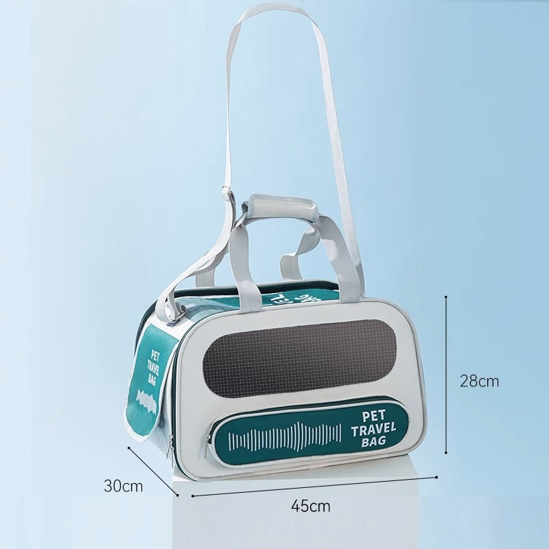 Soft Sided Pet Travel Carrier with breathable mesh panels, foldable design, shoulder strap, and secure zipper for cats and small dogs