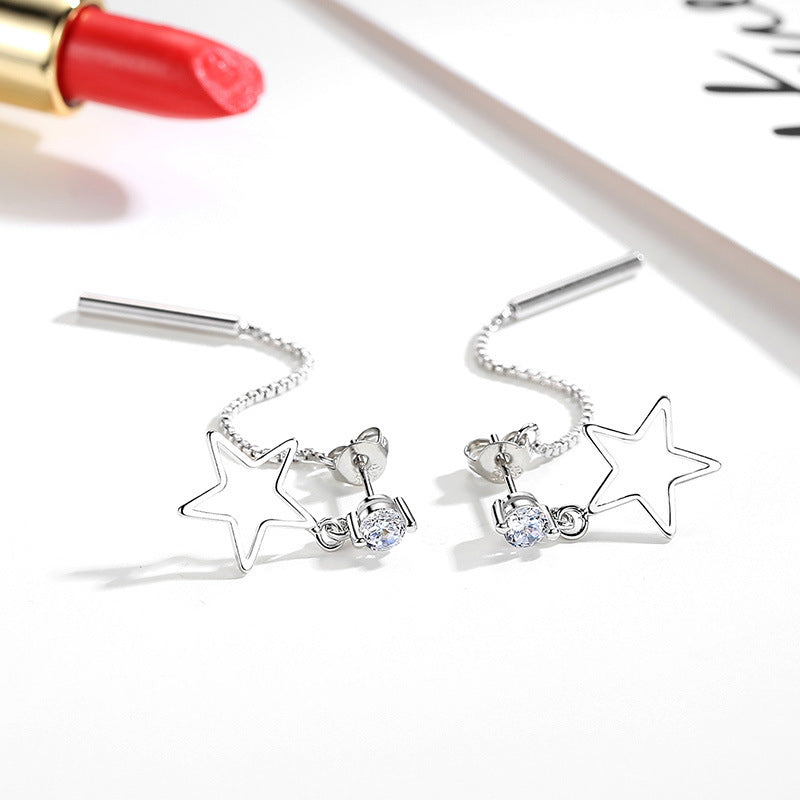 ANENJERY 925 Sterling Silver Zircon Star Long Tassel Earrings For Women Ear Chain oorbellen boucles d oreilles S E444