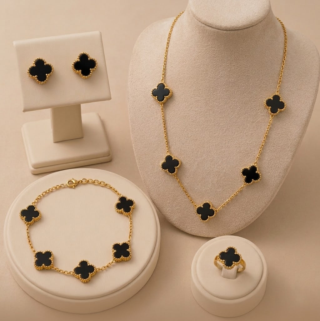 Luxury Onyx Style Clover Four-Piece Jewelry Set (Necklace, Bracelet, Earrings & Ring)