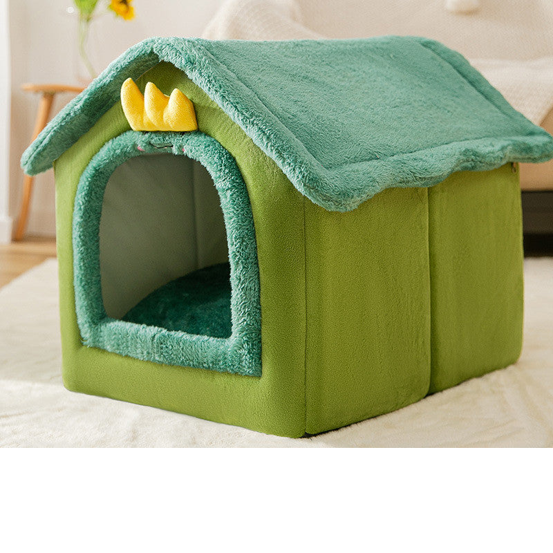 Foldable Warm Pet House with soft plush interior, removable cushion, semi-enclosed cave design, and non-slip base for cats and small dogs