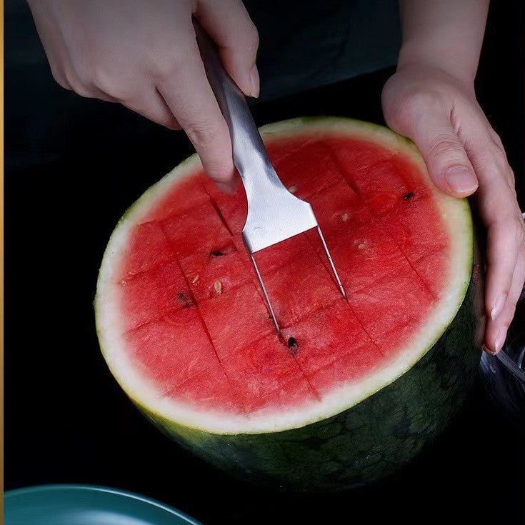 2 in 1 Watermelon Fork Slicer made from stainless steel for cutting and serving watermelon, mango, and other fruits with ease