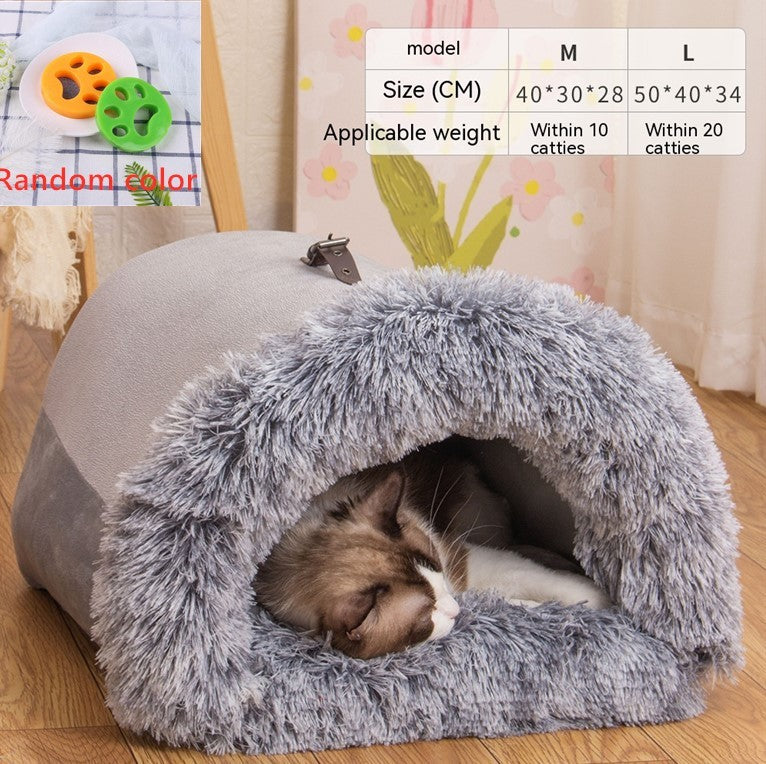 Warm Plush Pet Bed with soft long plush fabric, semi-enclosed design, and moisture-resistant base for cats, puppies, and small dogs