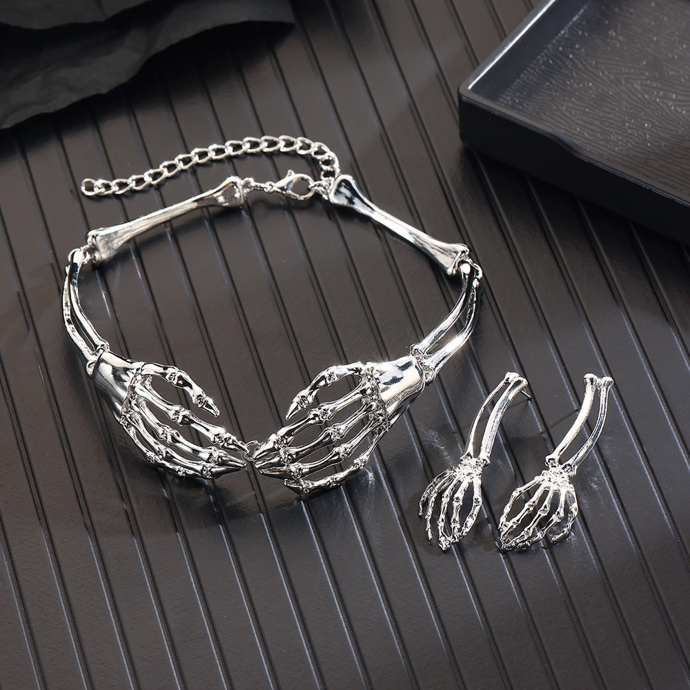 Metal Retro Bone Ghost Hand Necklace Necklace And Earrings Suite