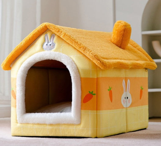 Foldable Warm Pet House with soft plush interior, removable cushion, semi-enclosed cave design, and non-slip base for cats and small dogs