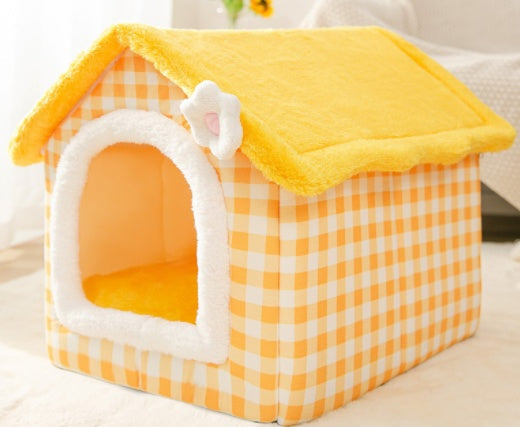 Foldable Warm Pet House with soft plush interior, removable cushion, semi-enclosed cave design, and non-slip base for cats and small dogs