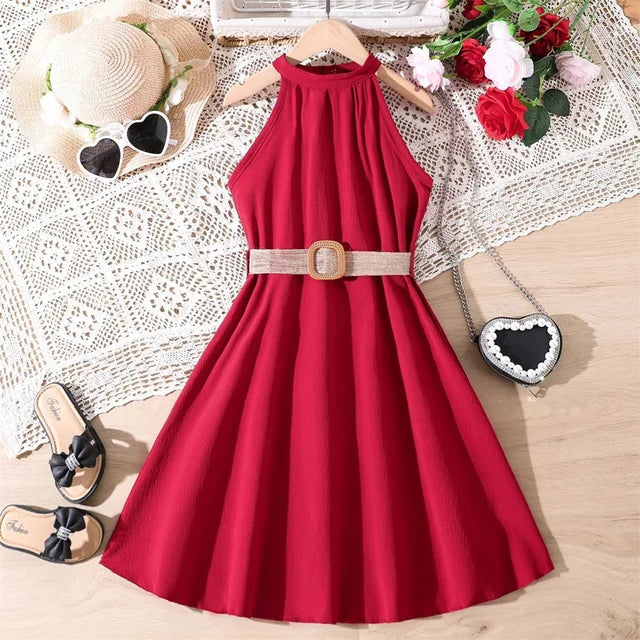 Girls halter dress Bangladesh summer long party dress with belt for teenage girls fashion outfit