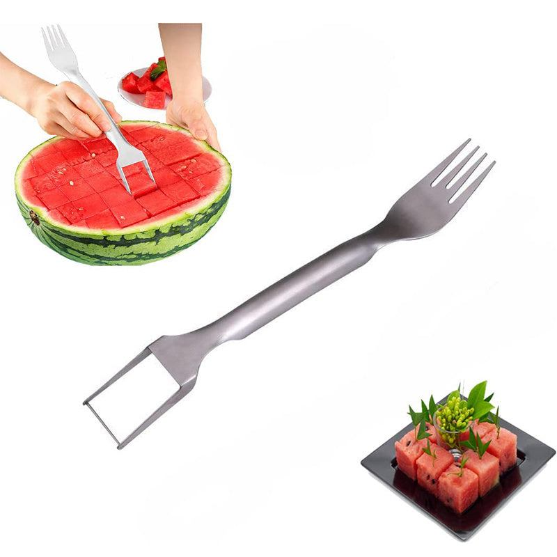 2 in 1 Watermelon Fork Slicer made from stainless steel for cutting and serving watermelon, mango, and other fruits with ease