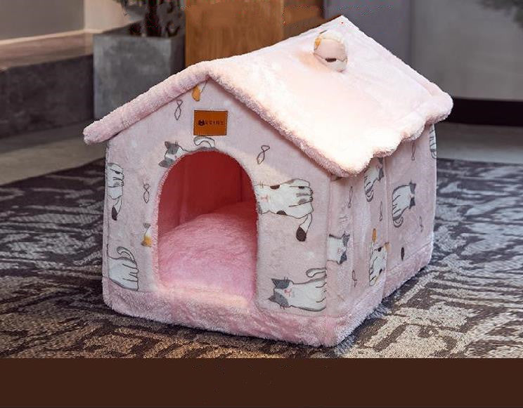Foldable Warm Pet House with soft plush interior, removable cushion, semi-enclosed cave design, and non-slip base for cats and small dogs