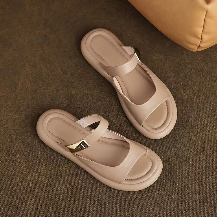 Peep Toe Flat For Outdoors French Soft Leather Platform Sandals