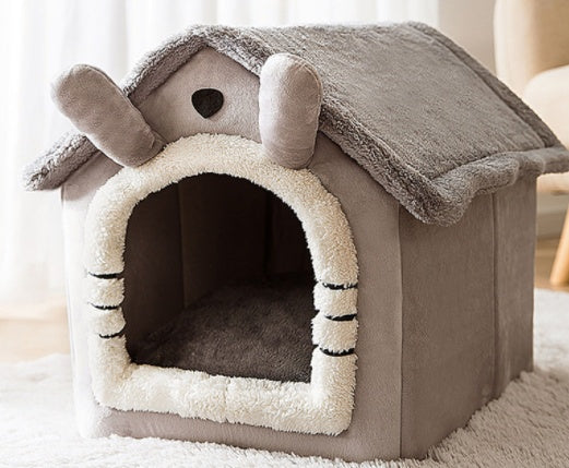 Foldable Warm Pet House with soft plush interior, removable cushion, semi-enclosed cave design, and non-slip base for cats and small dogs