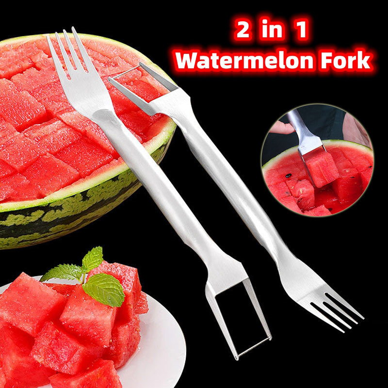 2 in 1 Watermelon Fork Slicer made from stainless steel for cutting and serving watermelon, mango, and other fruits with ease