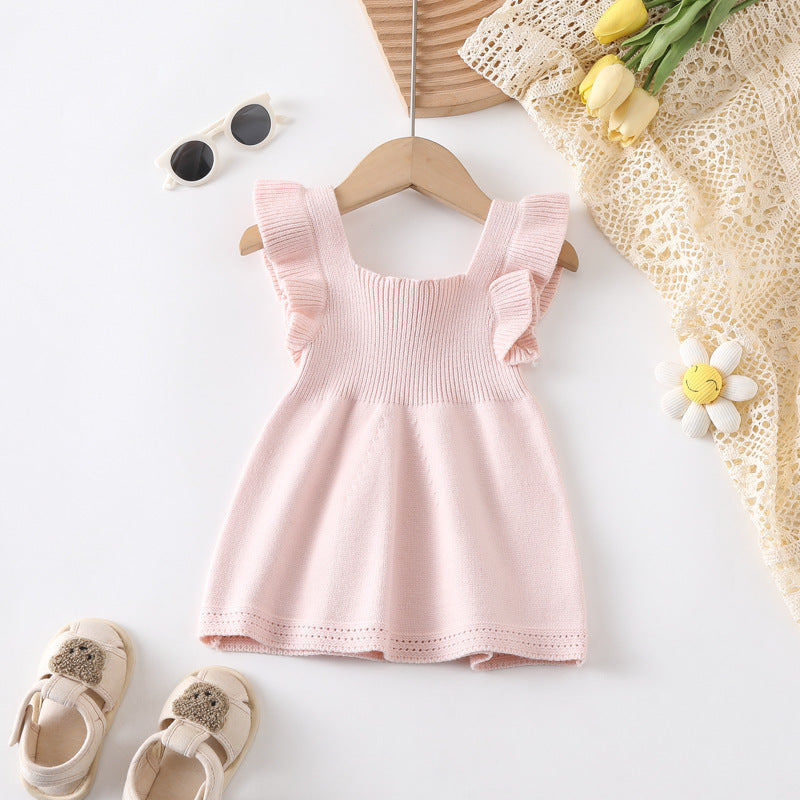 Girls' Stringy Selvedge Dress Flounced Sleeve Knitted Vest