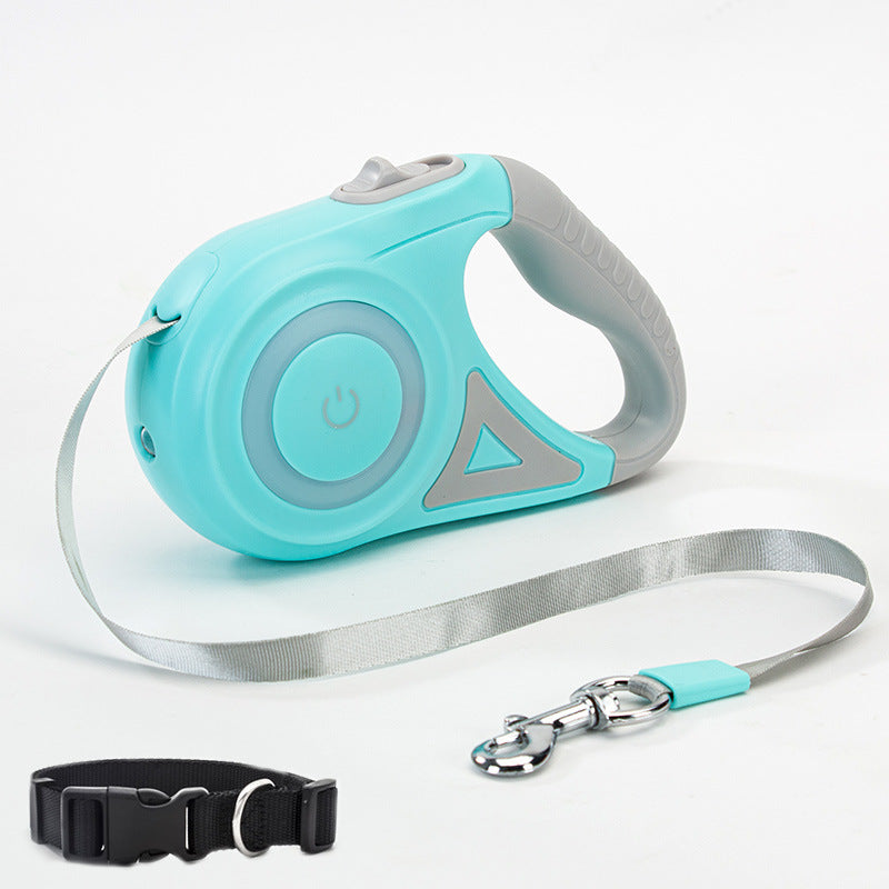 Retractable Dog Leash with Collar featuring automatic retractable nylon rope, ergonomic anti-slip handle, and one-button locking system for small and medium dogs
