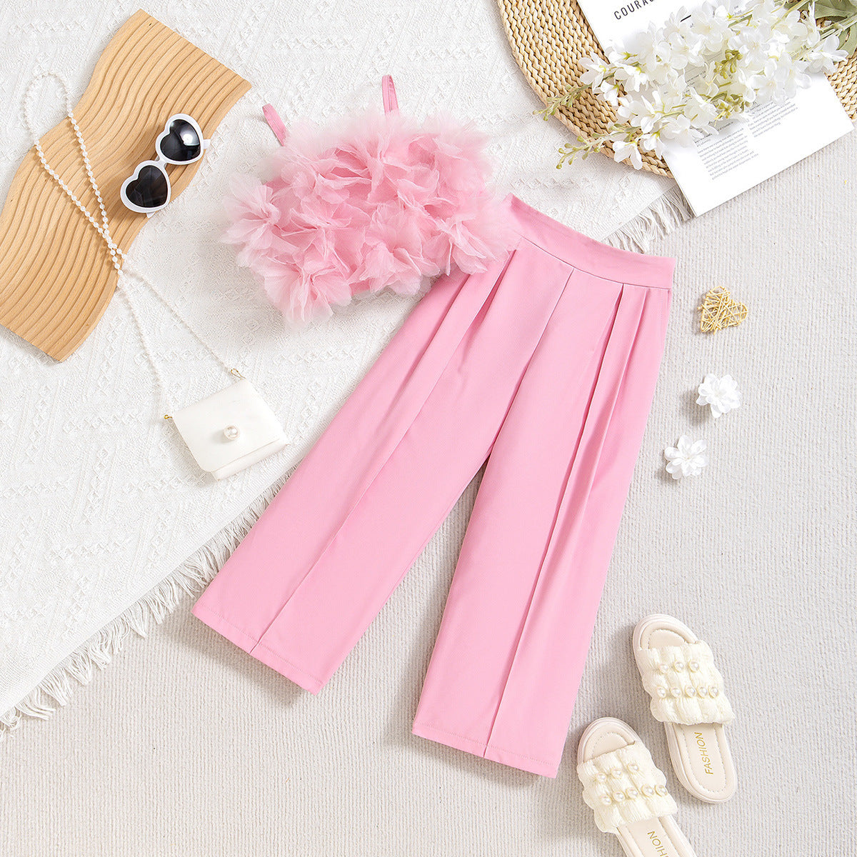 Mesh Three-dimensional Flower Sling Top Slim Fit Suit Pants Suit