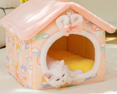 Foldable Warm Pet House with soft plush interior, removable cushion, semi-enclosed cave design, and non-slip base for cats and small dogs