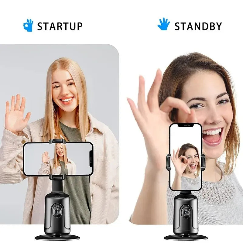 AI Auto Face Tracking Phone Holder with 360-degree smart rotation, gesture control, USB rechargeable battery, and tripod compatibility for vlogging and live streaming