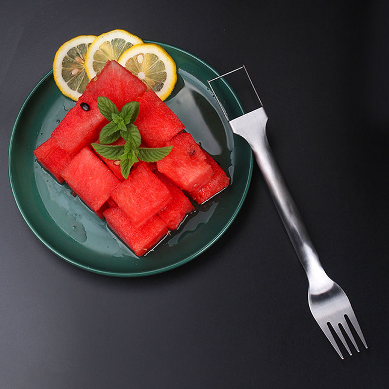 2 in 1 Watermelon Fork Slicer made from stainless steel for cutting and serving watermelon, mango, and other fruits with ease