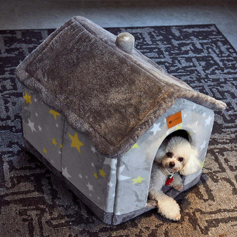 Foldable Warm Pet House with soft plush interior, removable cushion, semi-enclosed cave design, and non-slip base for cats and small dogs