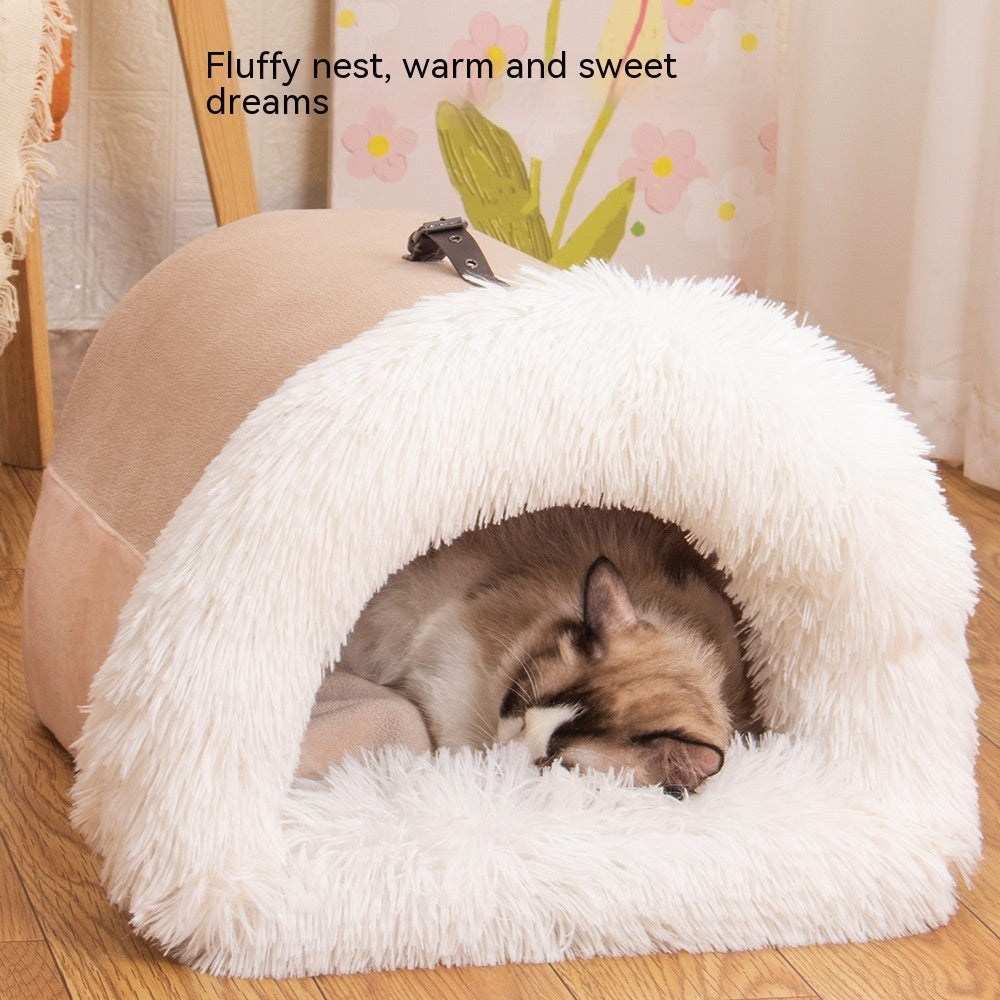 Warm Plush Pet Bed with soft long plush fabric, semi-enclosed design, and moisture-resistant base for cats, puppies, and small dogs