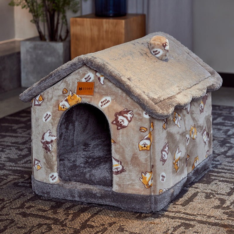 Foldable Warm Pet House with soft plush interior, removable cushion, semi-enclosed cave design, and non-slip base for cats and small dogs