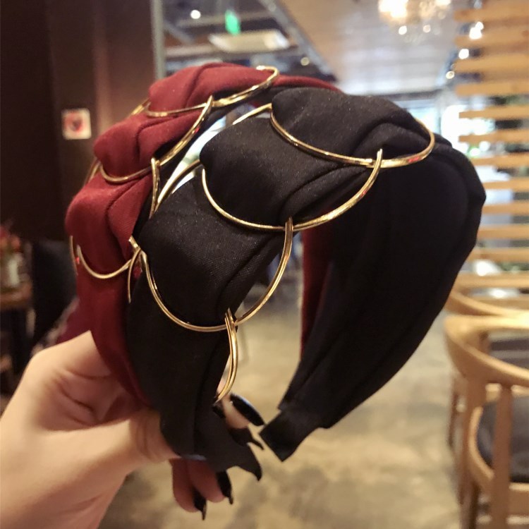 Hair Accessories Headband Women Fashion Golden Ring Cross Stitching Fabric Wide Side