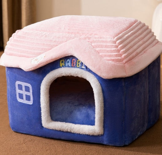 Foldable Warm Pet House with soft plush interior, removable cushion, semi-enclosed cave design, and non-slip base for cats and small dogs
