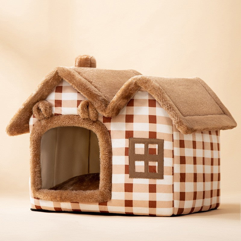 Foldable Warm Pet House with soft plush interior, removable cushion, semi-enclosed cave design, and non-slip base for cats and small dogs
