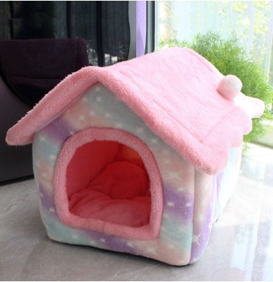 Foldable Warm Pet House with soft plush interior, removable cushion, semi-enclosed cave design, and non-slip base for cats and small dogs