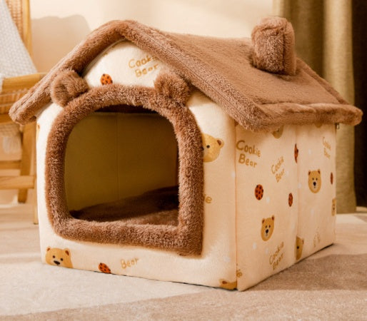 Foldable Warm Pet House with soft plush interior, removable cushion, semi-enclosed cave design, and non-slip base for cats and small dogs
