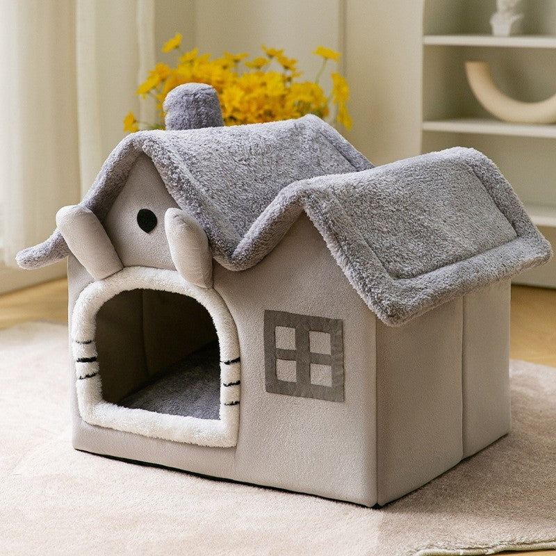 Foldable Warm Pet House with soft plush interior, removable cushion, semi-enclosed cave design, and non-slip base for cats and small dogs