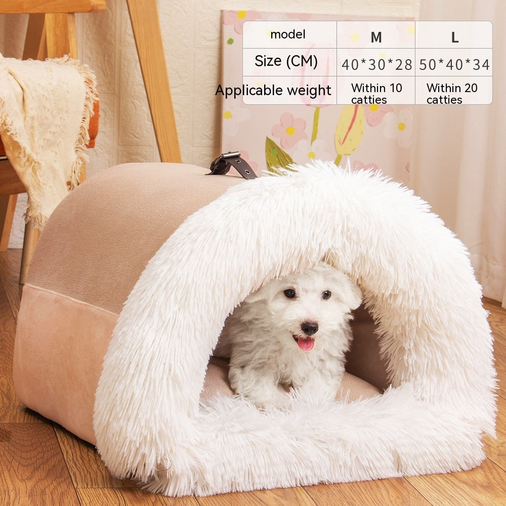 Warm Plush Pet Bed with soft long plush fabric, semi-enclosed design, and moisture-resistant base for cats, puppies, and small dogs