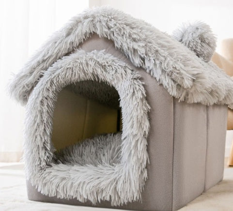 Foldable Warm Pet House with soft plush interior, removable cushion, semi-enclosed cave design, and non-slip base for cats and small dogs