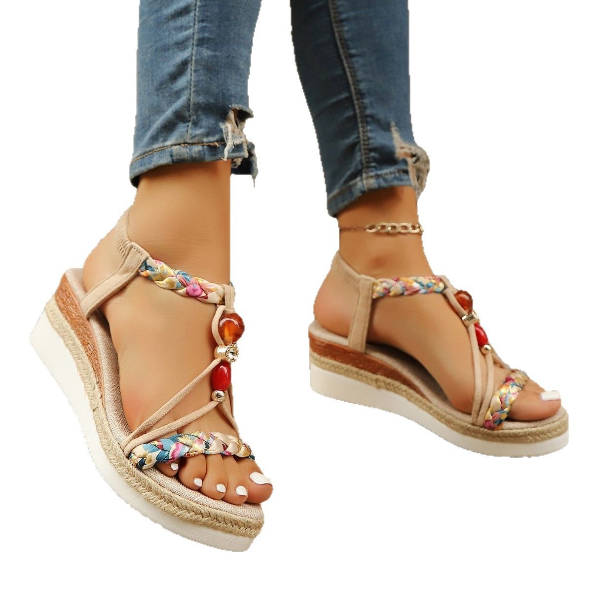 Rhinestone Beaded Wedge Fashion High Heels Platform Women