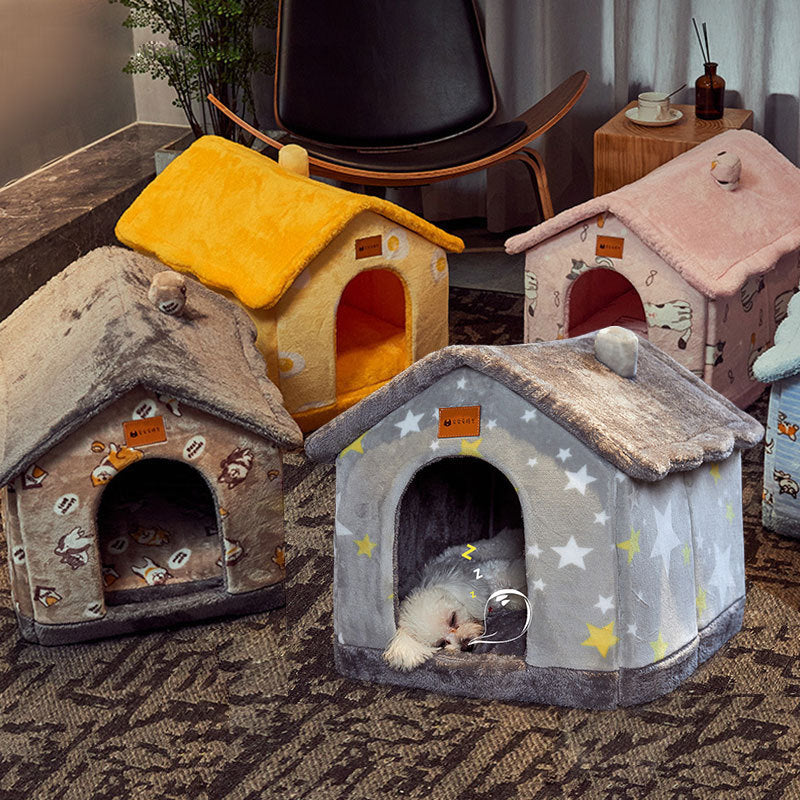 Foldable Warm Pet House with soft plush interior, removable cushion, semi-enclosed cave design, and non-slip base for cats and small dogs
