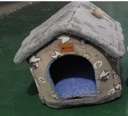 Foldable Warm Pet House with soft plush interior, removable cushion, semi-enclosed cave design, and non-slip base for cats and small dogs