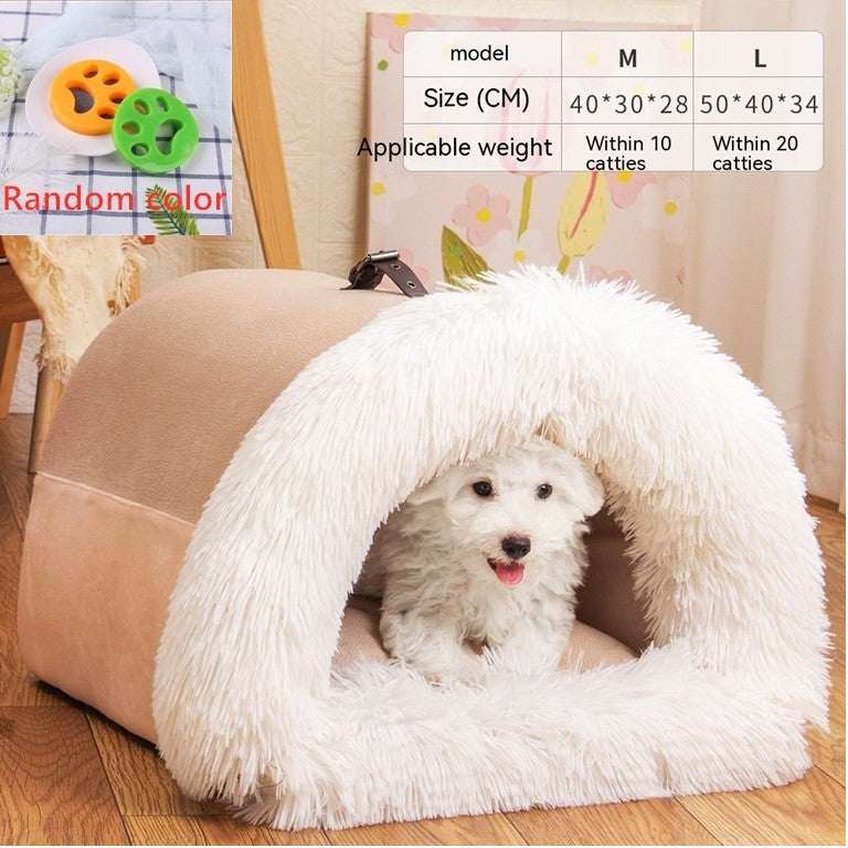 Warm Plush Pet Bed with soft long plush fabric, semi-enclosed design, and moisture-resistant base for cats, puppies, and small dogs