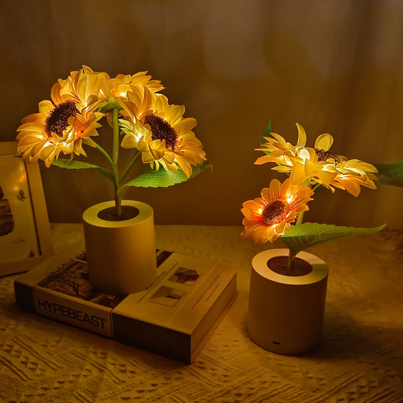 Rechargeable Sunflower LED Night Light with realistic sunflower design and warm decorative LED lighting