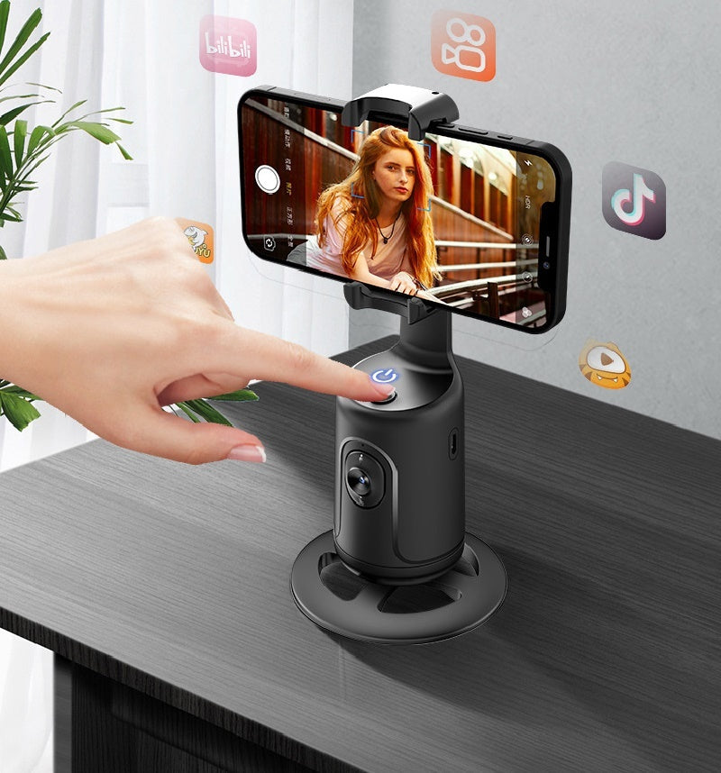 AI Auto Face Tracking Phone Holder with 360-degree smart rotation, gesture control, USB rechargeable battery, and tripod compatibility for vlogging and live streaming