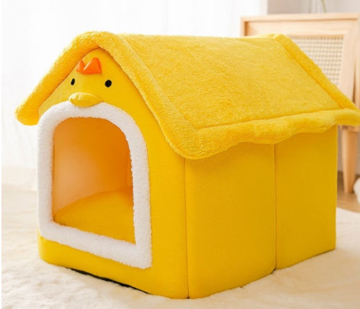 Foldable Warm Pet House with soft plush interior, removable cushion, semi-enclosed cave design, and non-slip base for cats and small dogs
