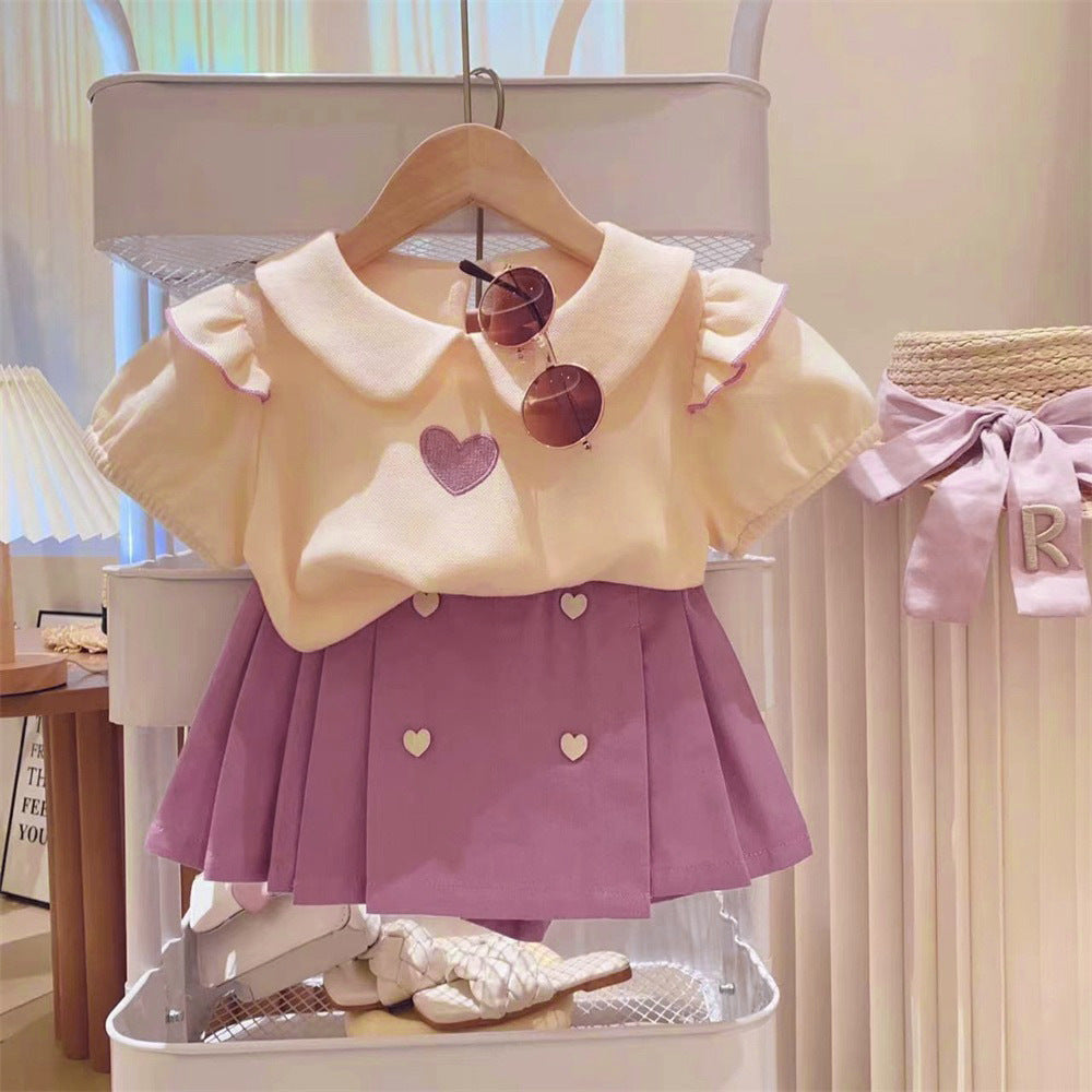 Summer Girls' Suit Cute Love Short Sleeve Plus Shorts Two-piece Set