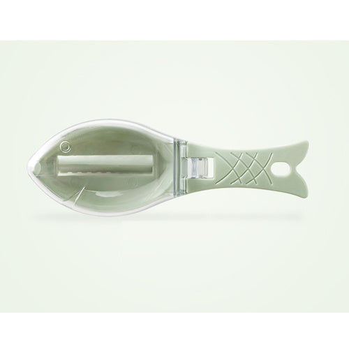 Fish Scale Scraper with protective cover, ergonomic handle, and stainless steel scraping edge for easy fish cleaning in the kitchen