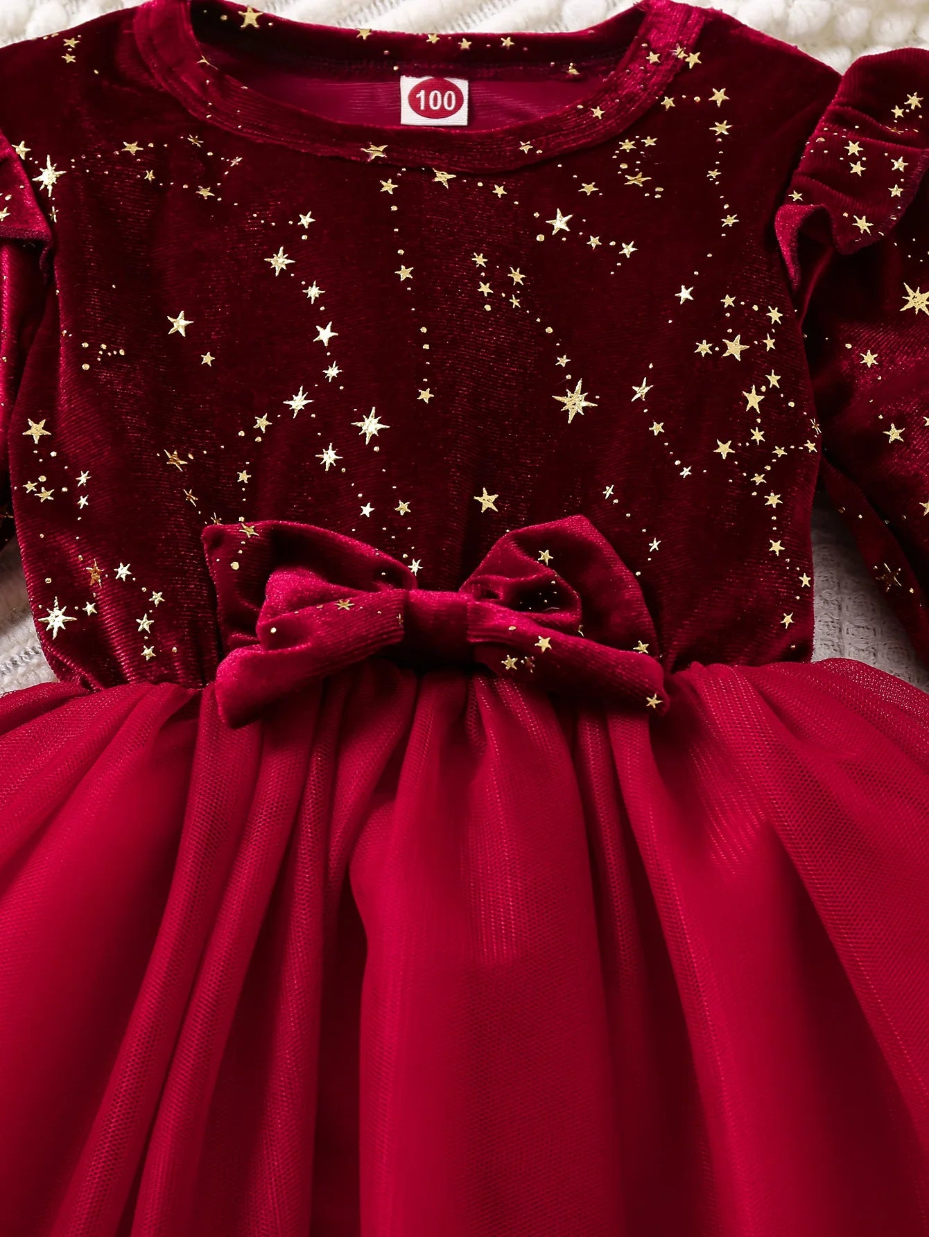 Toddler Girl Party Dress Autumn Winter  Years Children Christmas And New Year Princess Dress Red Velvet Gown Stars Mesh Dress