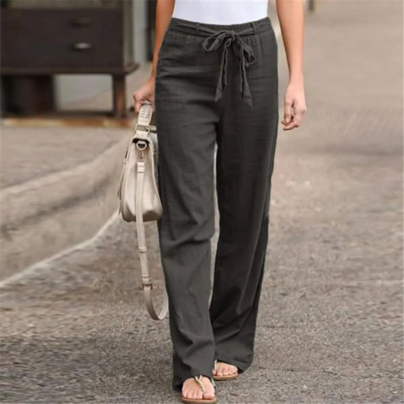 Women Cotton Linen Loose Pants Summer High Elastic Waist Drawstring Wide Leg Trousers JYFS-HS1435