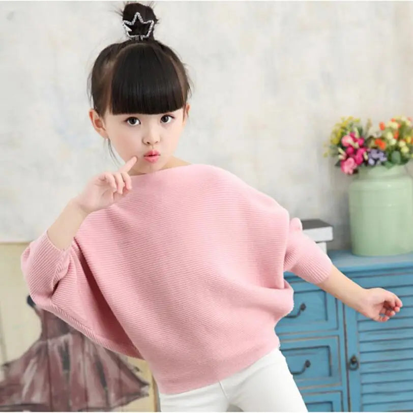 Spring Autumn Baby Toddler Teenage Children's Clothing Girls Pullover Sweater Long Batwing Sleeve Kids Knit Sweaters Tops   (Available)
