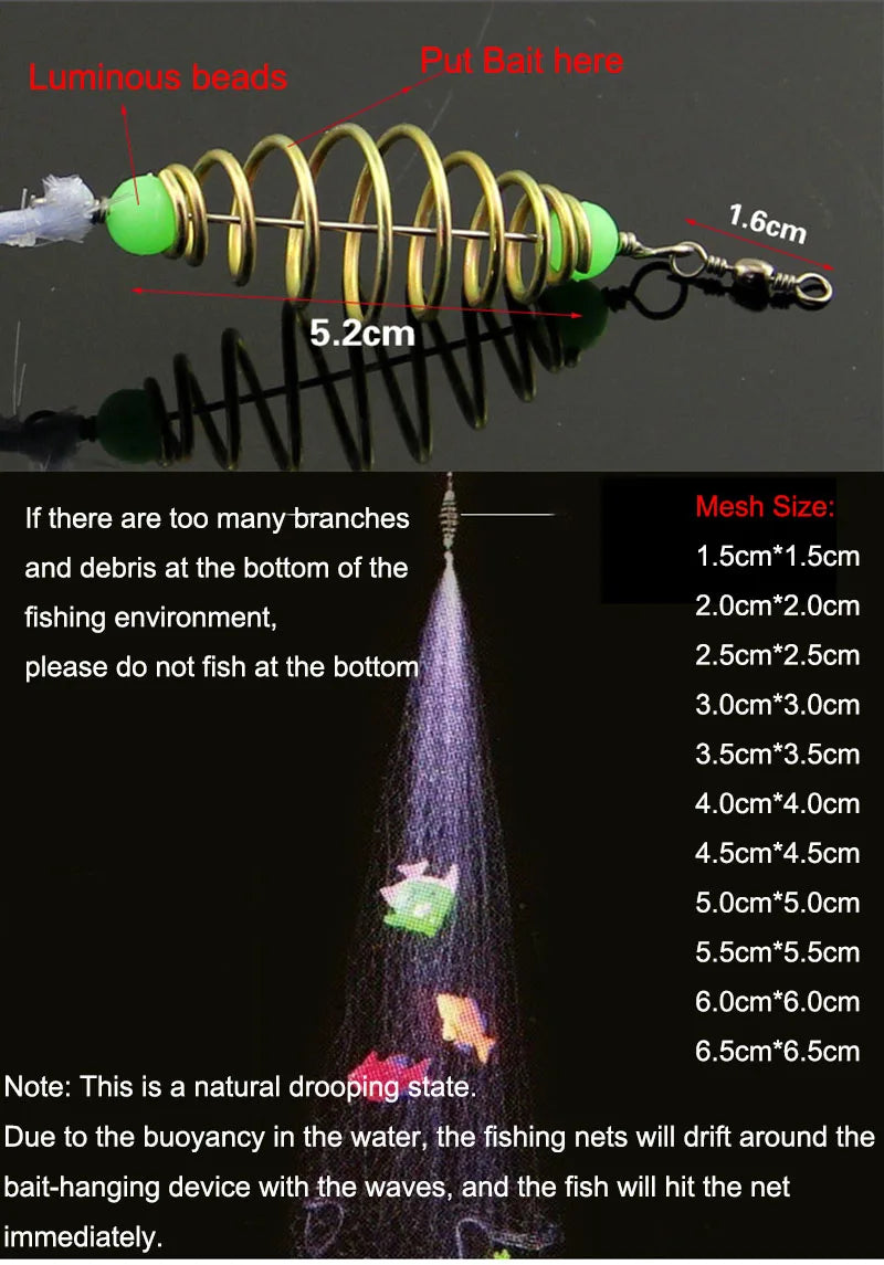 Fishing Spring Net with Luminous Beads Netting for Night Fishing Shoal Cast Nets Outdoor Traps