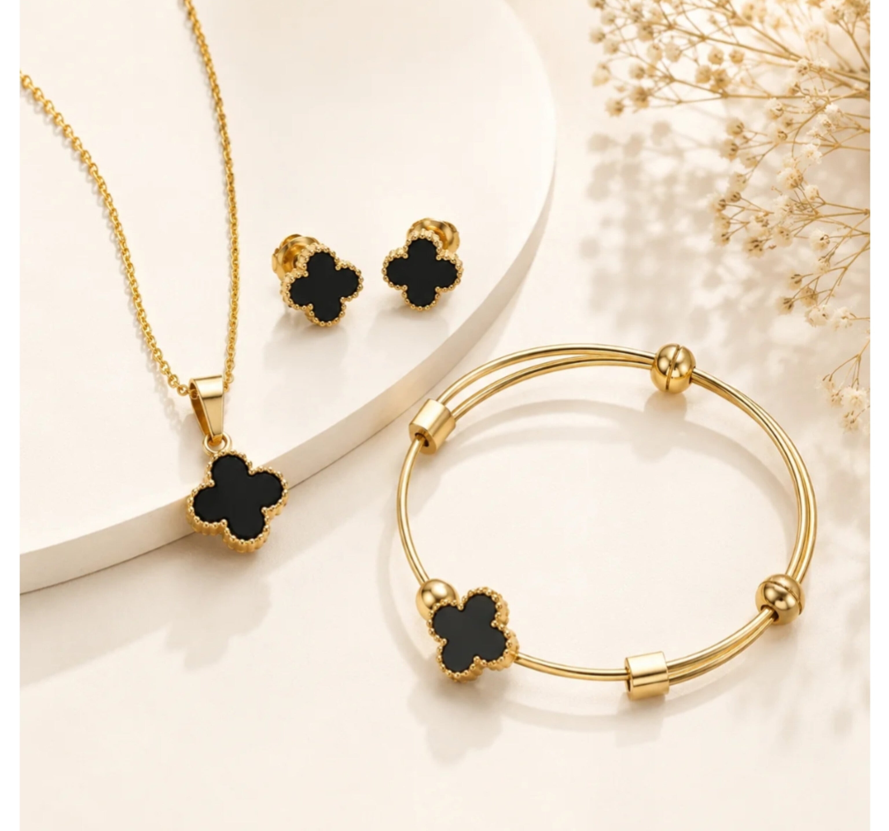 Black Clover Jewelry Set (Pendant Necklace, Stud Earrings, and Bangle Bracelet)