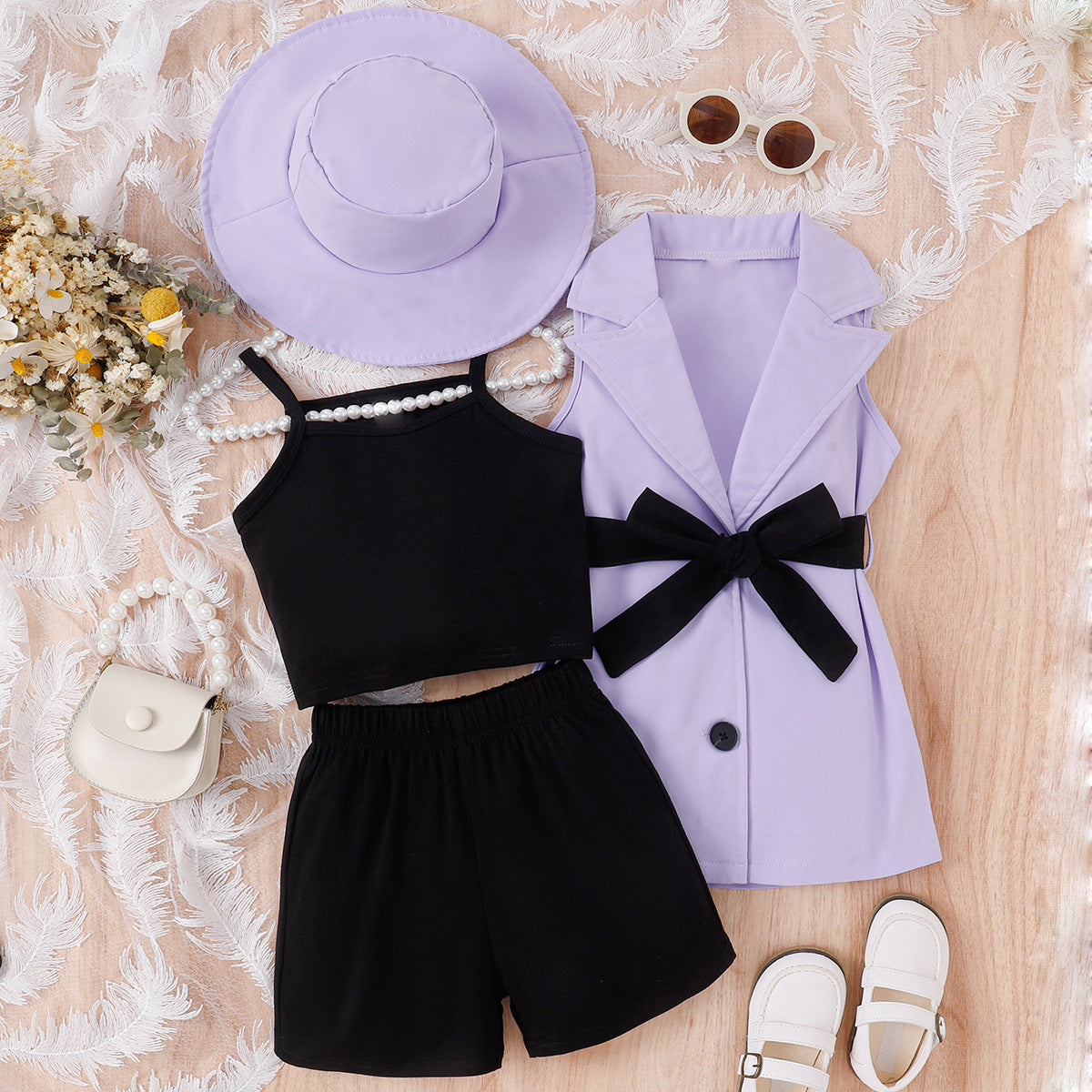 Girls suits for small and medium-sized children: suspender bottom + shorts + sleeveless suit jacket + hat 4Pcs set (Available)