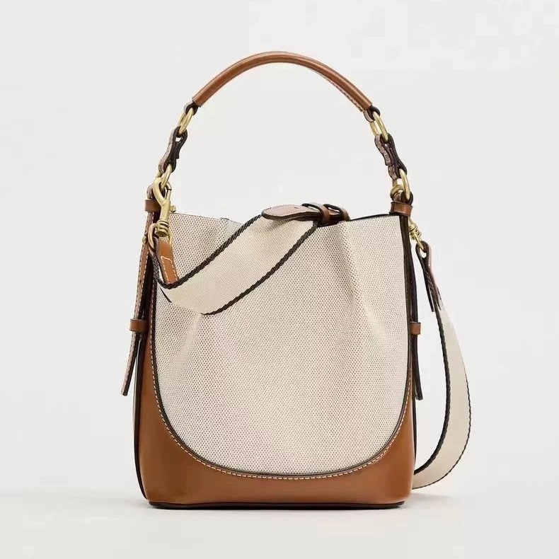 Fashion Drawstring Canvas Contrast Color Casual One-shoulder Bucket Bag
